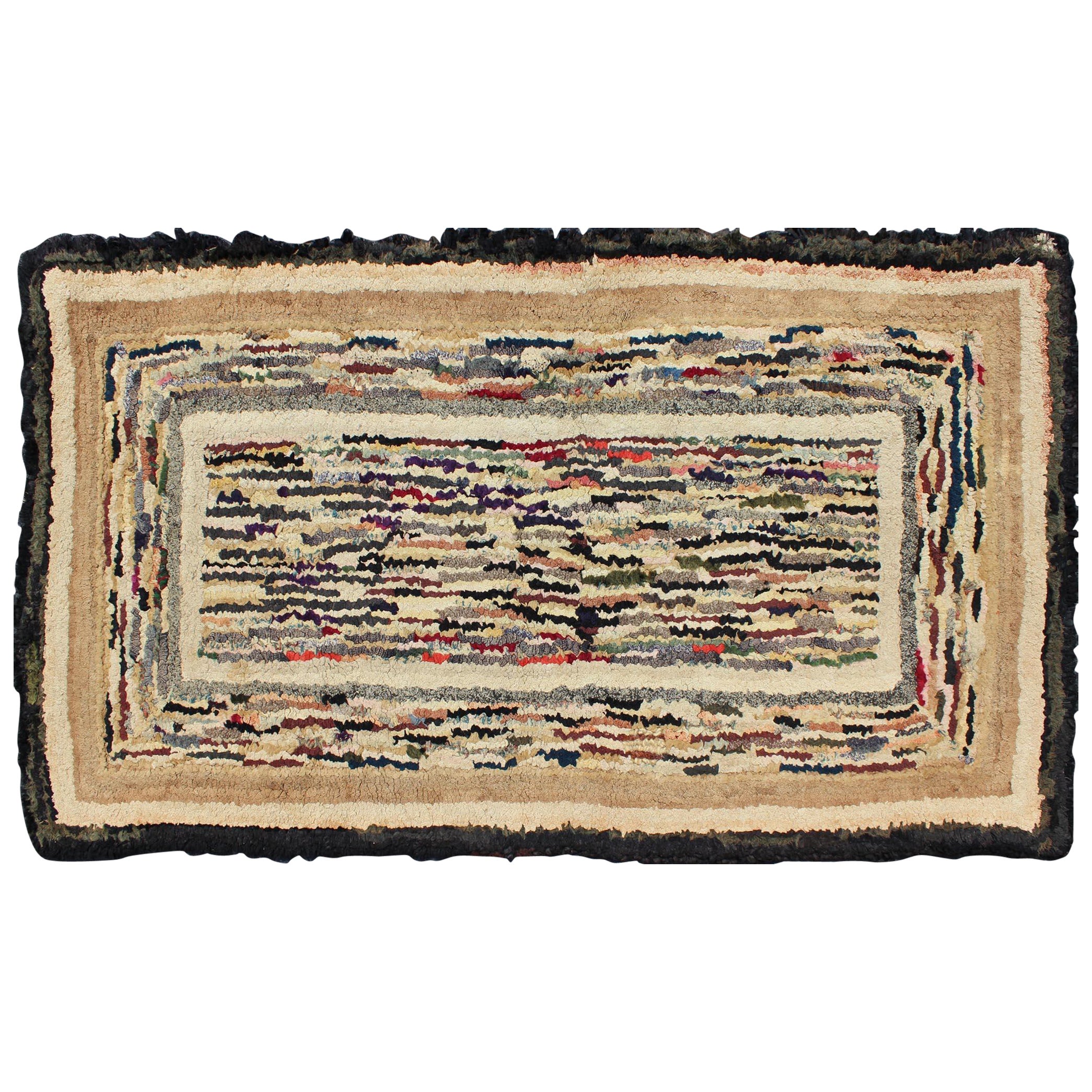 American Hooked Rug with Variegated Design in Black, Brown and Taupe For Sale