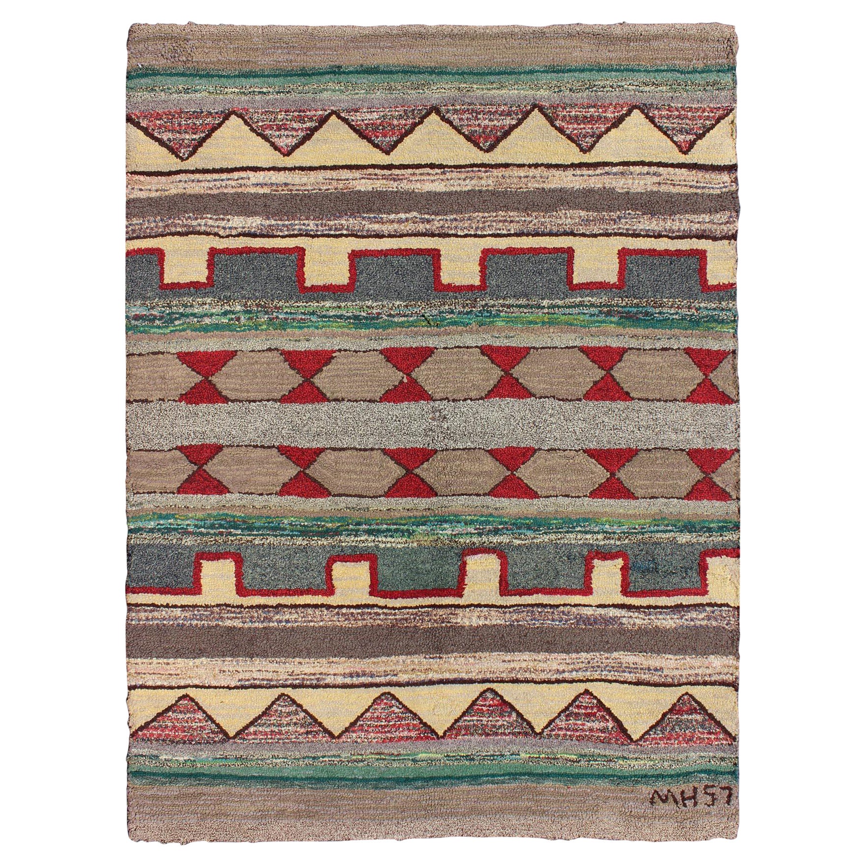 Vintage American Hooked Rug with Geometric Tribal Designs For Sale