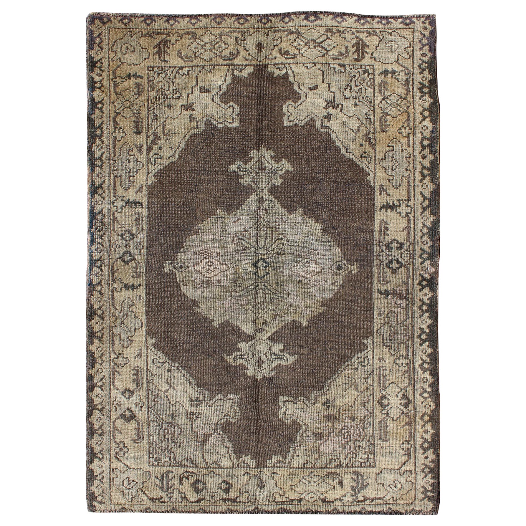 Chocolate Background Vintage Turkish Oushak Rug with Floral Medallion in Cream