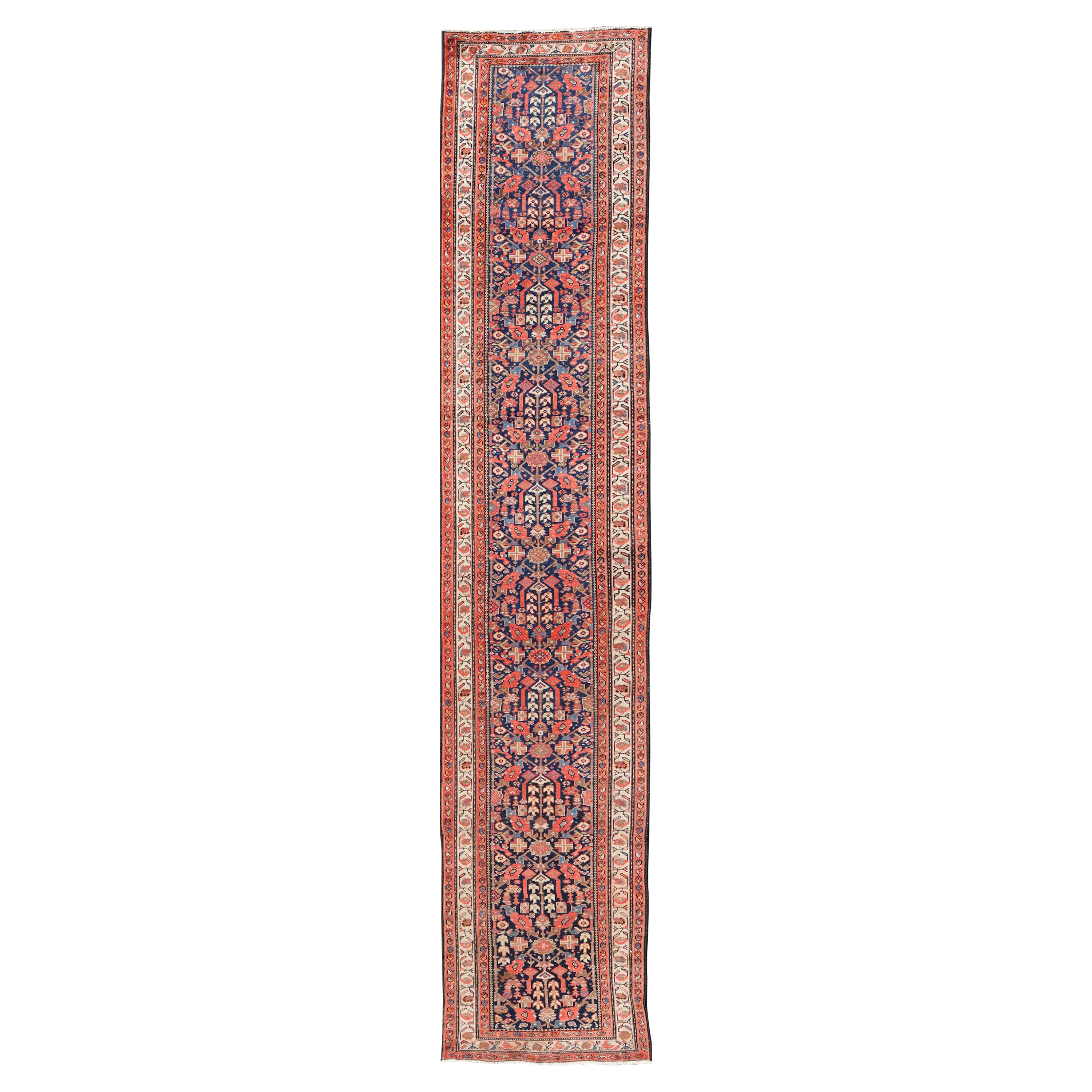 Antique Malayer Long Runner in Orange, Blue and Brown For Sale