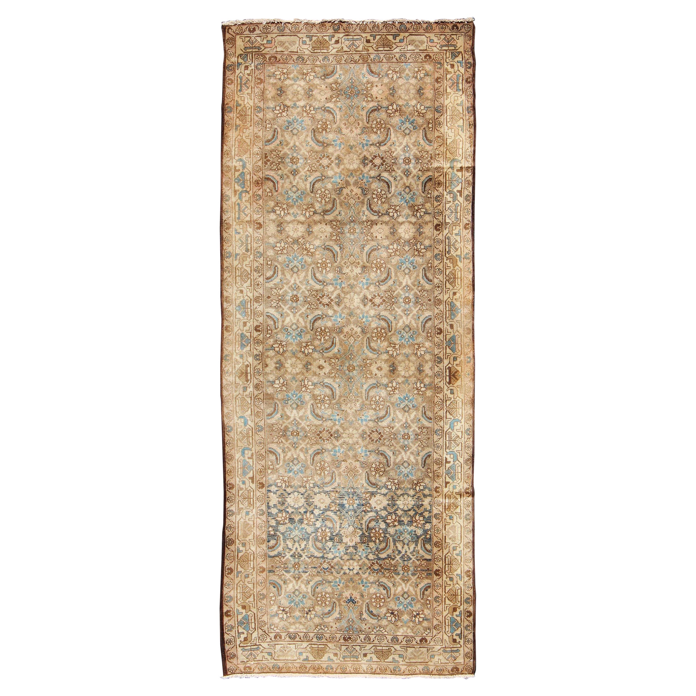 Midcentury Persian Hamedan Runner with All-Over Herati Design in Brown & Blue For Sale