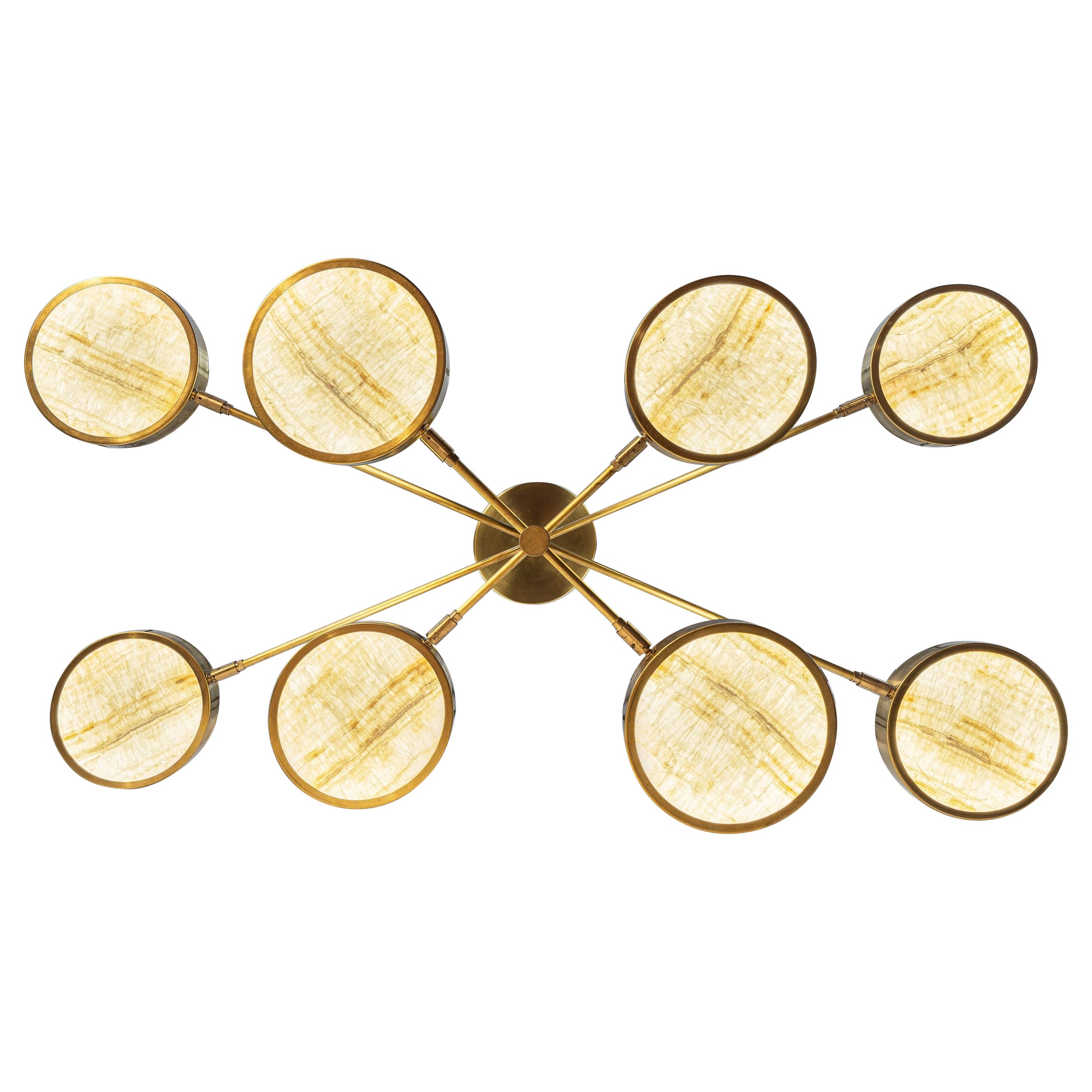 Luxury chandelier, made from thin pieces of translucent onyx. Ideal to be hung over a dining table, with versatile configurations. Featured on Netflix series Designing Miami, 1st episode! 

There is nothing else like this on the market.

Ivory onyx