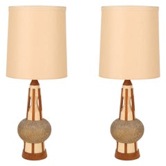 Architectural Pair of 1950s Ceramic and Walnut Table Lamps