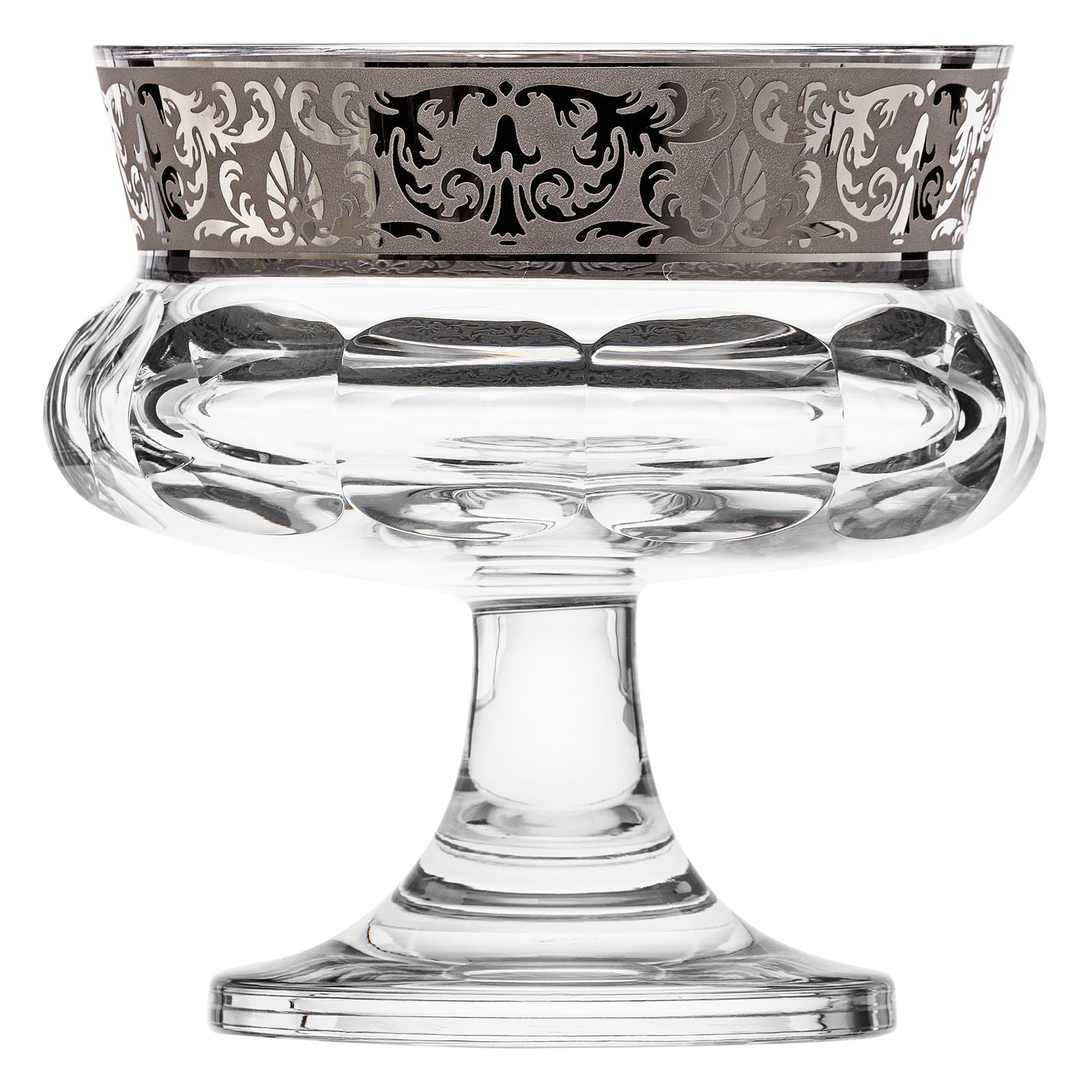 Footed Bowl Mirth with Flowers Relief Decor in Platinum For Sale