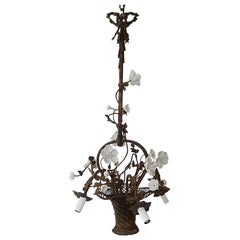 French Bronze Basket White Porcelain Flowers Chandelier with Bows, circa 1890