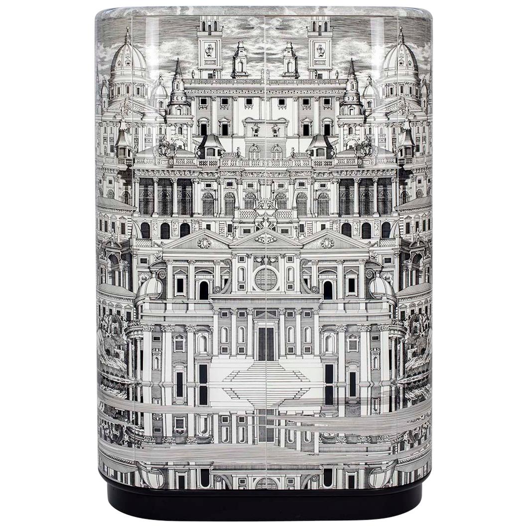 Fornasetti Curved Cabinet Città che si rispecchia Black and White Wood