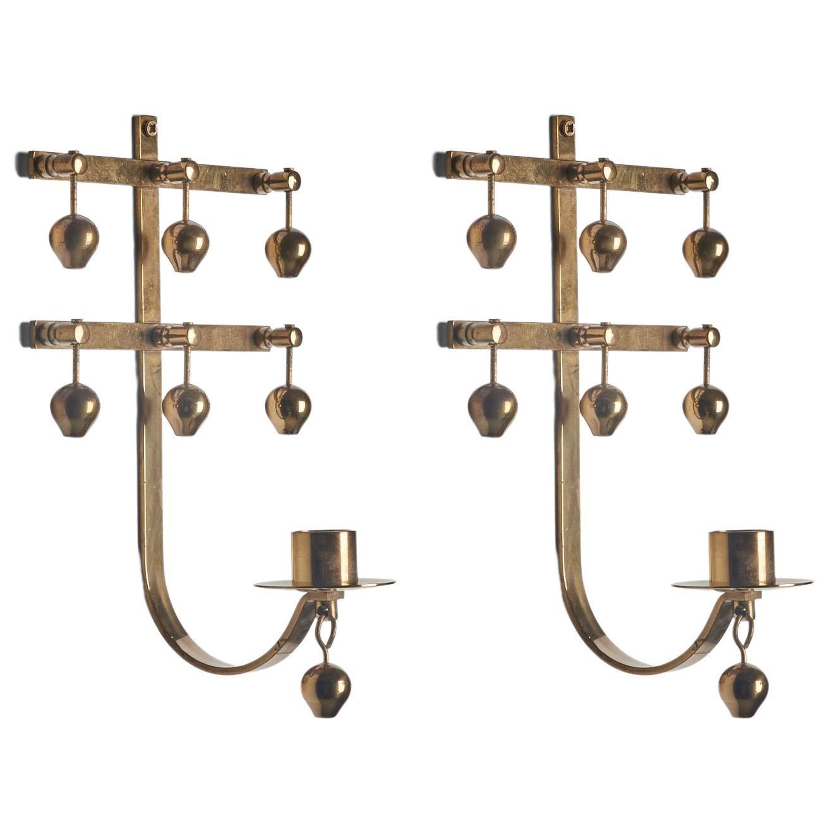 Kee Mora, Wall Candleholders, Brass, Sweden, 1960s