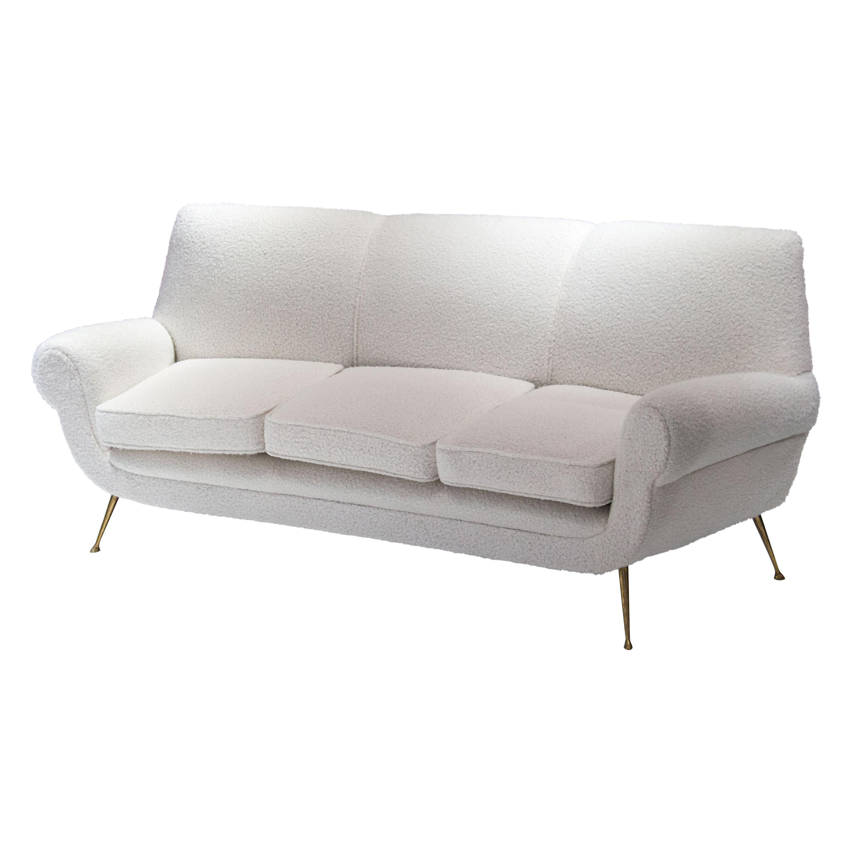 Gigi Radice for Minotti Curved Beige Bouclé Wool Brass Italian Sofa, Italy, 1950