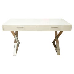 John Stuart Two-Drawer White Lacquered Campaign Wood Desk with X-Chrome Base