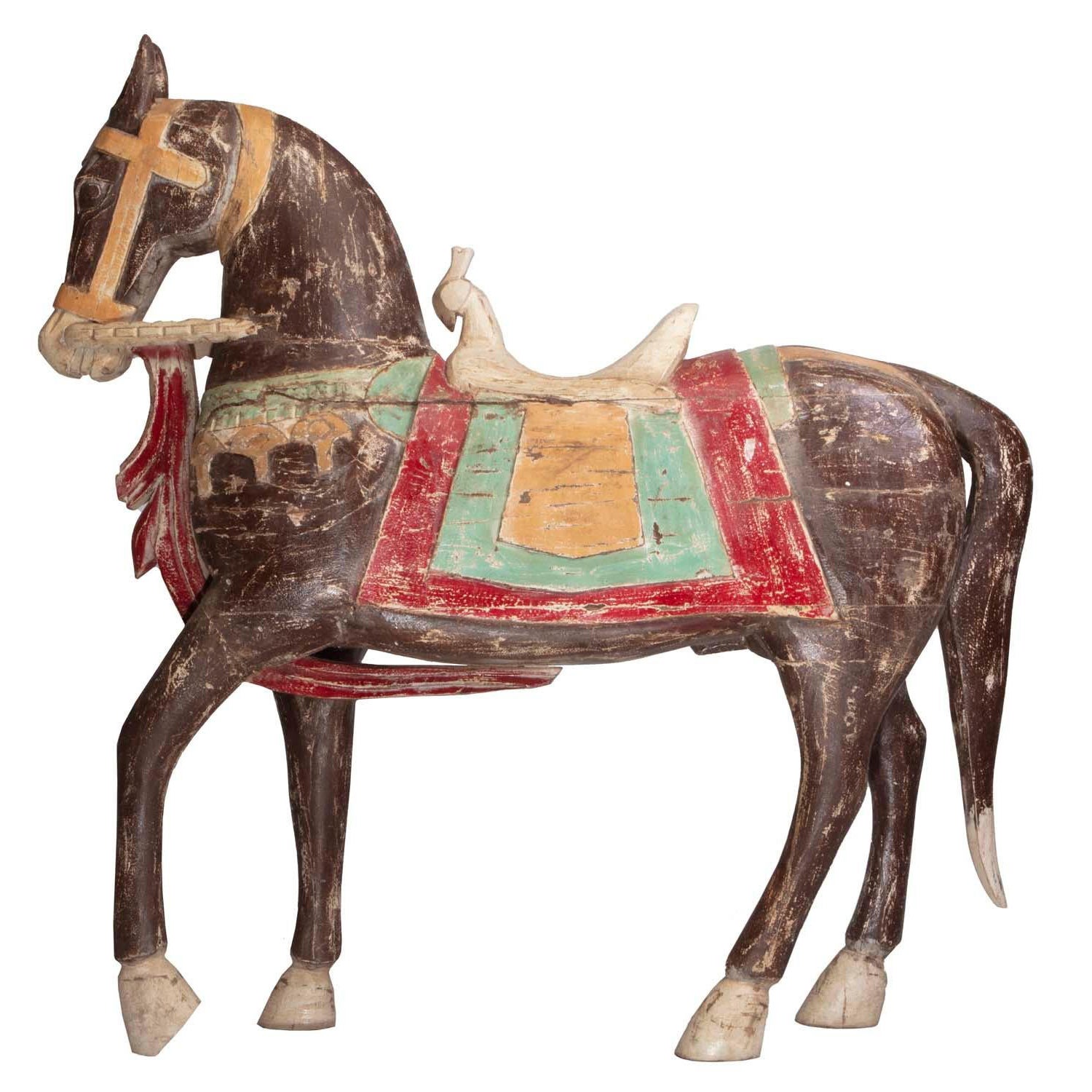 Four Foot Tall Antique Hand-Painted Wooden Horse with Bird Saddle from India
