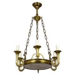 Vintage Solid Brass 6 Arm Fox Hunting Horn Chandelier