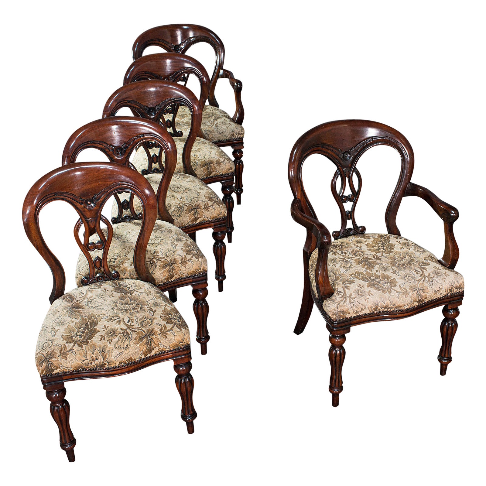 Vintage, Set of 8 Dining Chairs, English, Oak, Leather, Carolean Revival Taste For Sale at 1stDibs