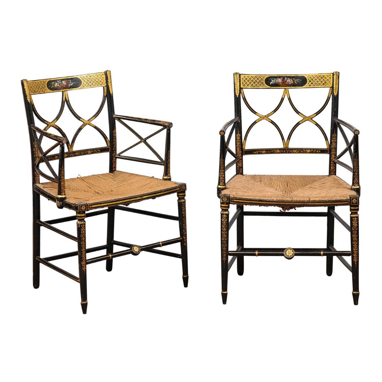  Pair of Regency Black Painted Arm Chairs with Floral Decoration & Rush Seats For Sale