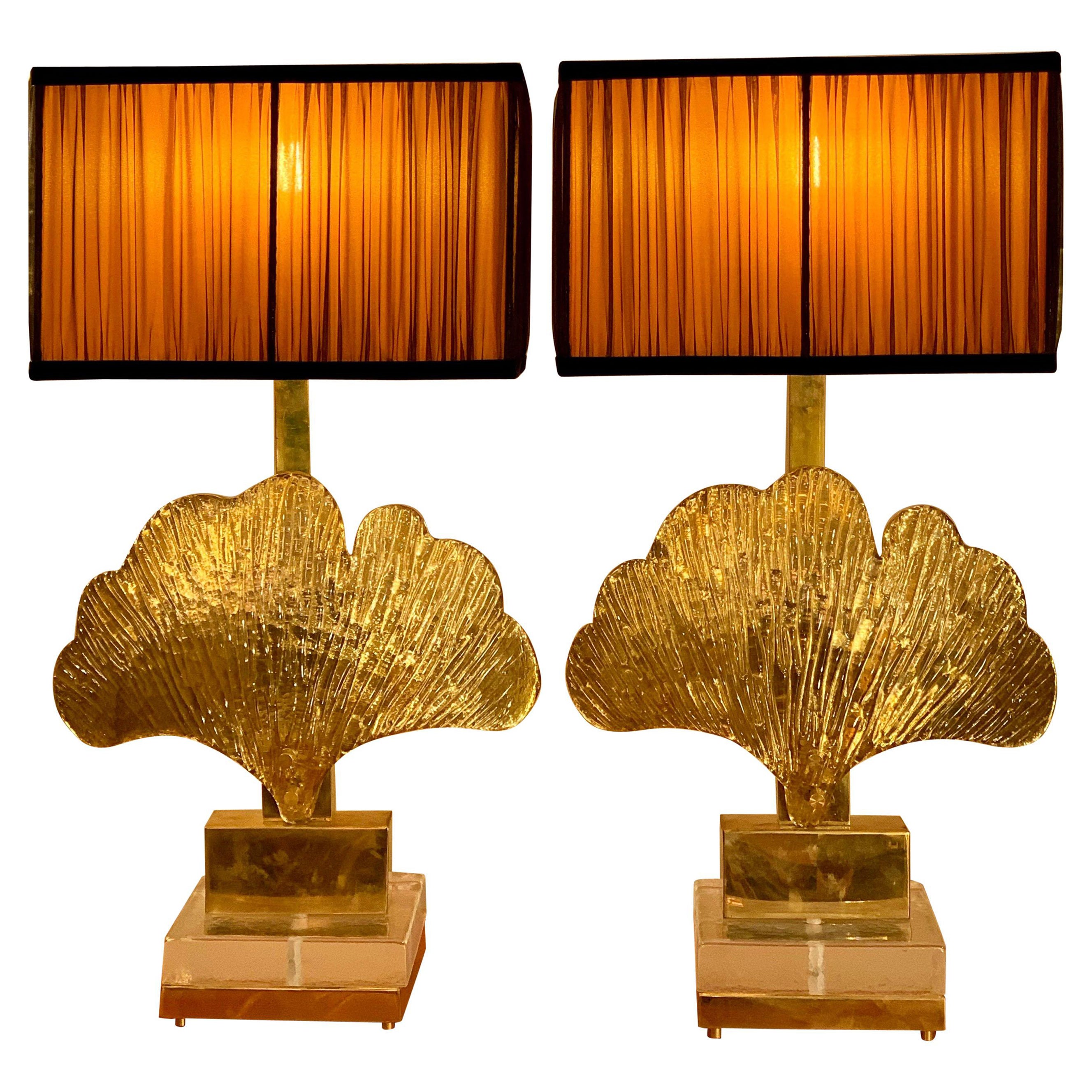 Pair of Brass and Gold Mirrored Murano Gingko Leaf Lamps with our Lampshades, 80s