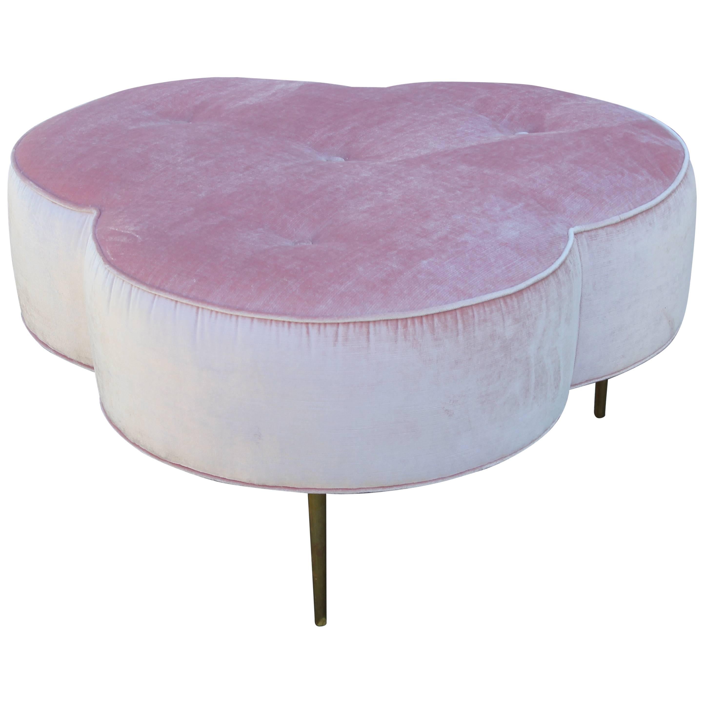 Wonderful trefoil shaped ottoman handmade in Houston, Texas. Hollywood regency style ottoman, upholstered in pink velvet but can be upholstered in your choice of fabric as well. Cushion is piped and tufted with four 1