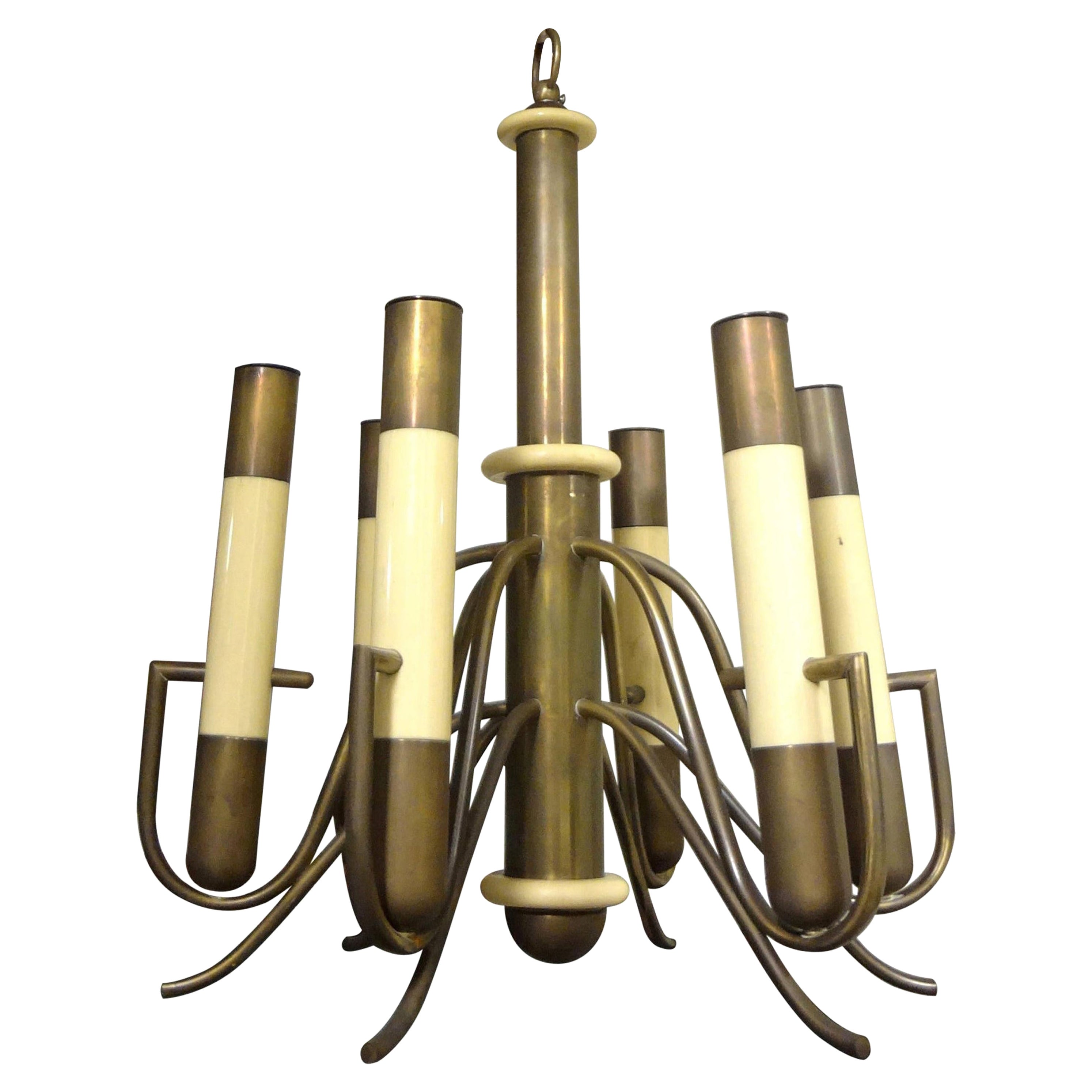 Italian Brutalist Brass and Bakelite Chandelier by Nucleo Forme
