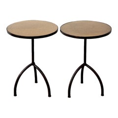Pair of Tripod Wrought Iron with Etched Brass Top Side Tables, in Stock