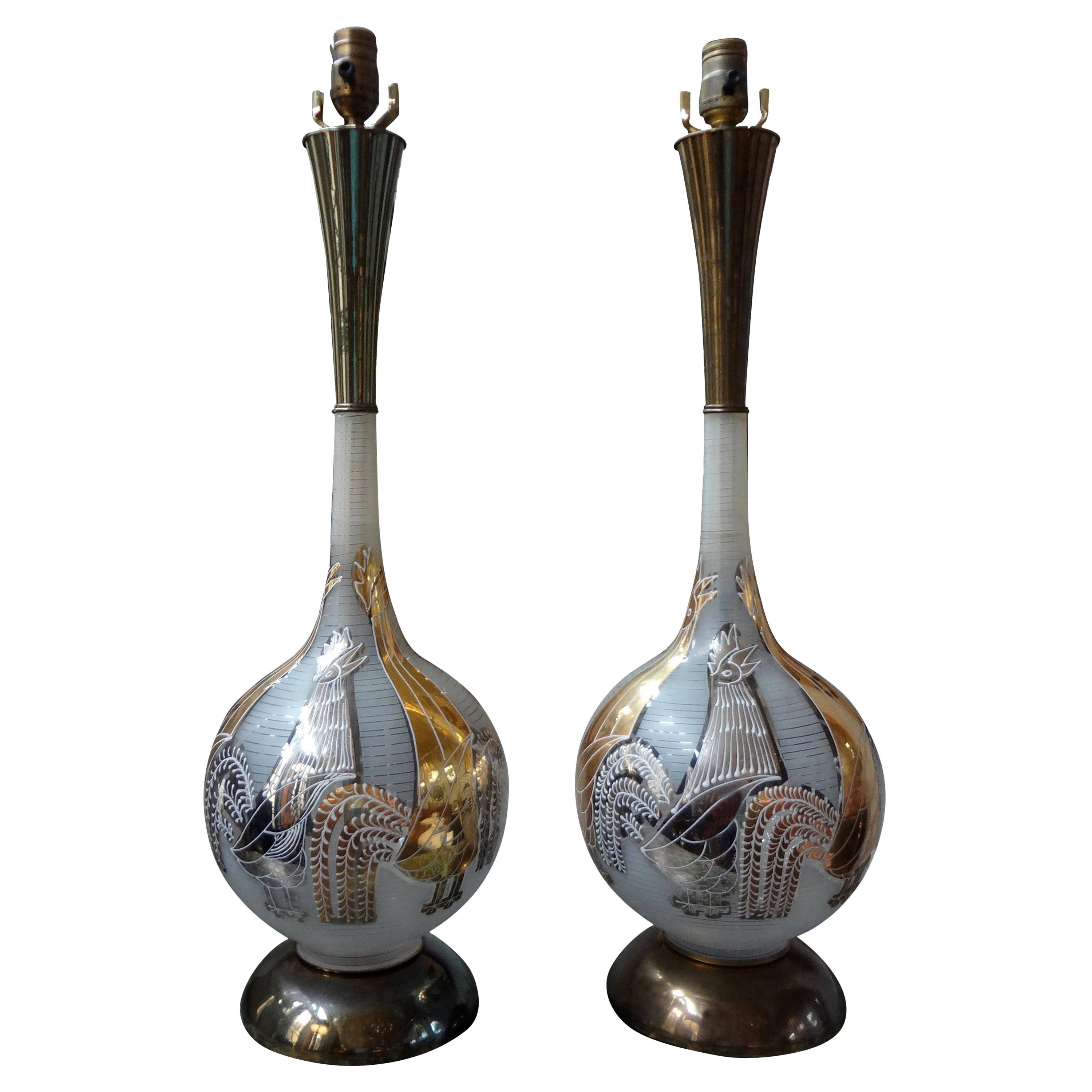 Pair of Vintage Italian Blown Glass Rooster Lamps