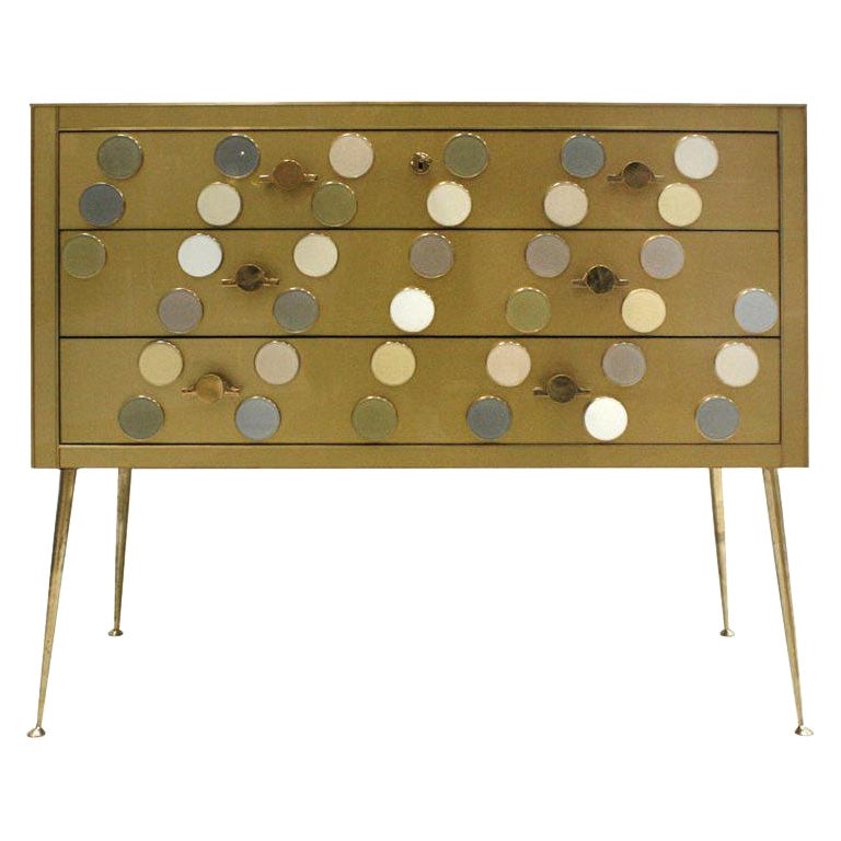 Midcentury Style Wood Colored Glass and Brass Italian Commode by L.A. Studio