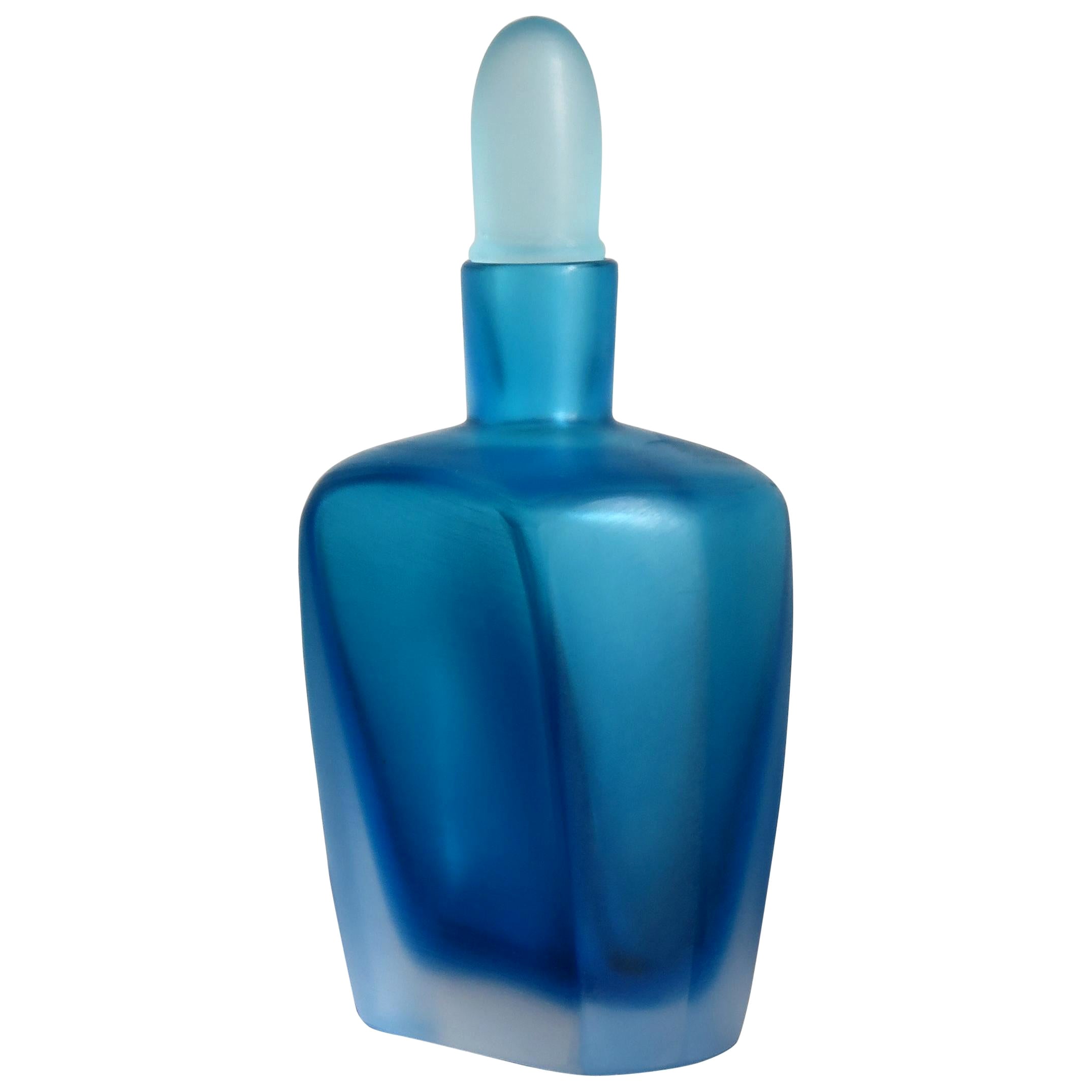 Venini Murano Italy Glass Blue Bottle Serie “Velati”, 1992 For Sale