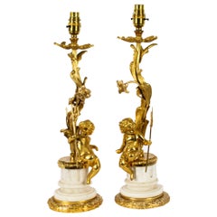 Antique Pair French Gilt Bronze and Alabaster Table Lamps Early 20th Century