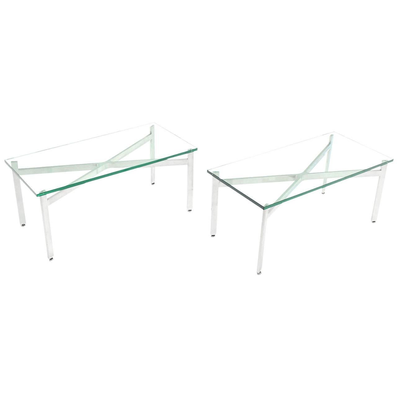 Pair of rectangular X Base Glass Tops Coffee Side Tables Stands.