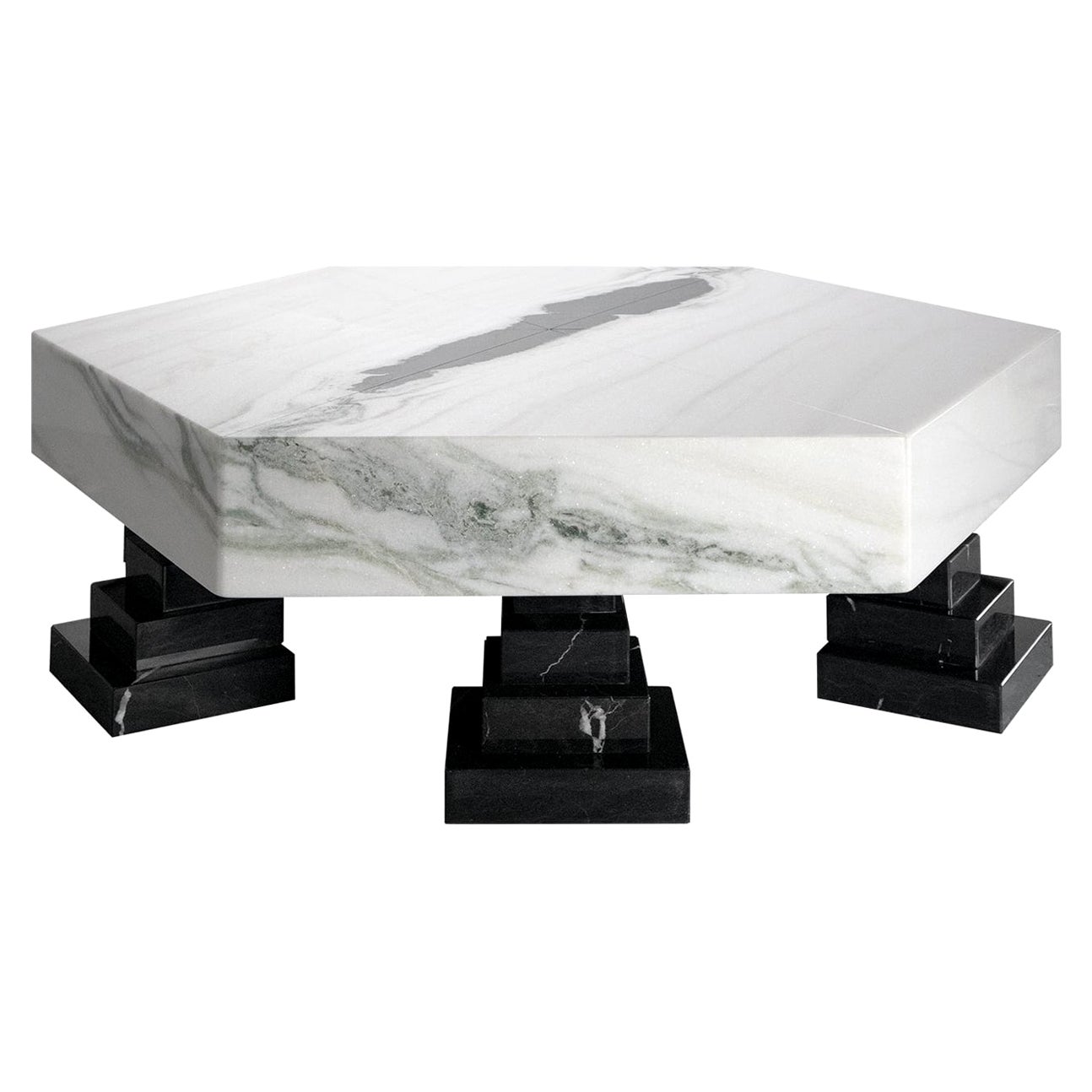 Contemporary Geomtric Center Table in Panda White Marble & Nero Marquina Marble For Sale