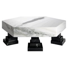 Contemporary Geomtric Center Table in Panda White Marble & Nero Marquina Marble