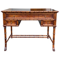 19th Century Circa 1880 Faux Bamboo Desk, 3 Drawers & Stretcher