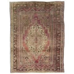 Turkish Oushak Vintage Rug in Brown, Camel and Light Purple Tones