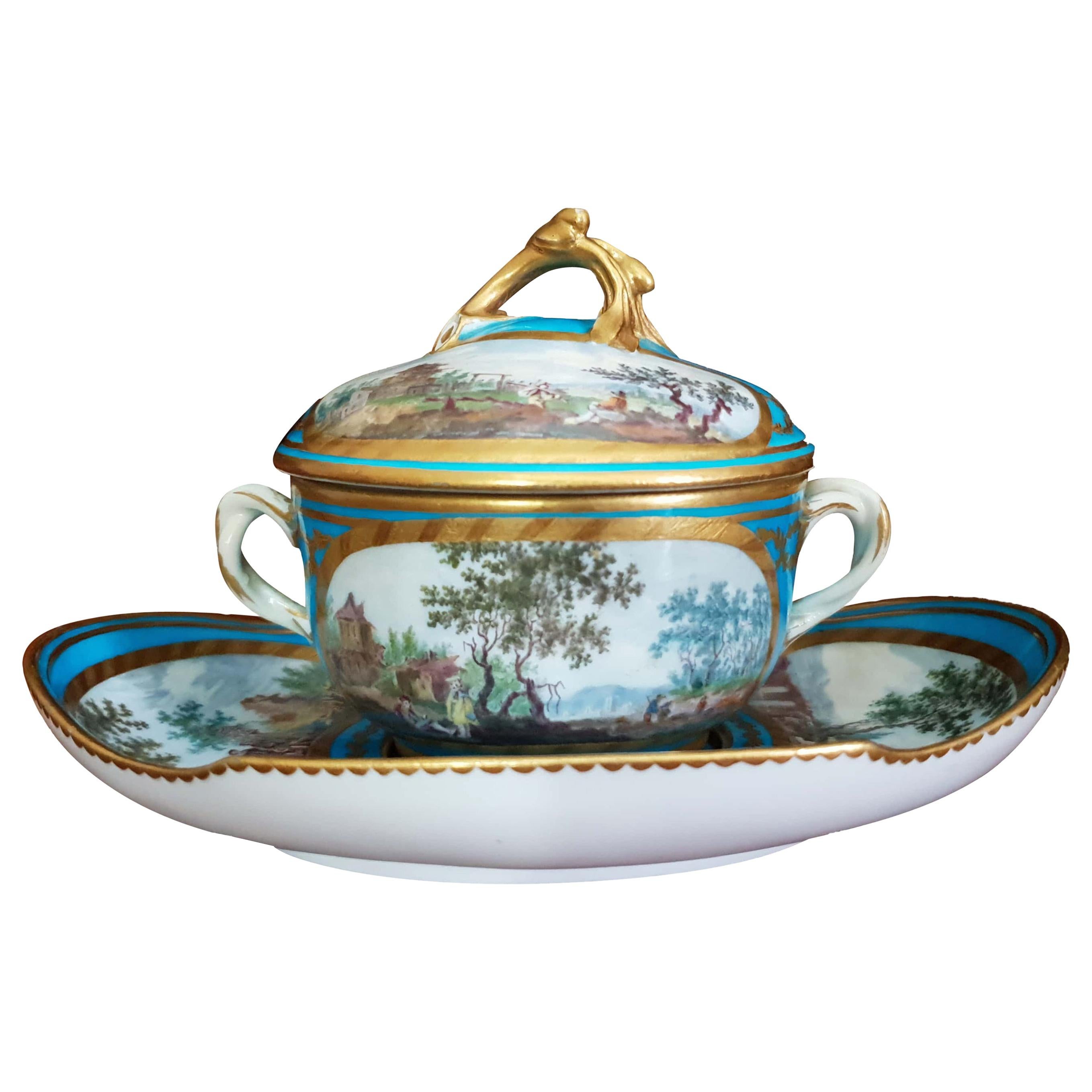  18th Century Sevres Blue Hand Painted Lidded Chocolate Cup & Saucer For Sale