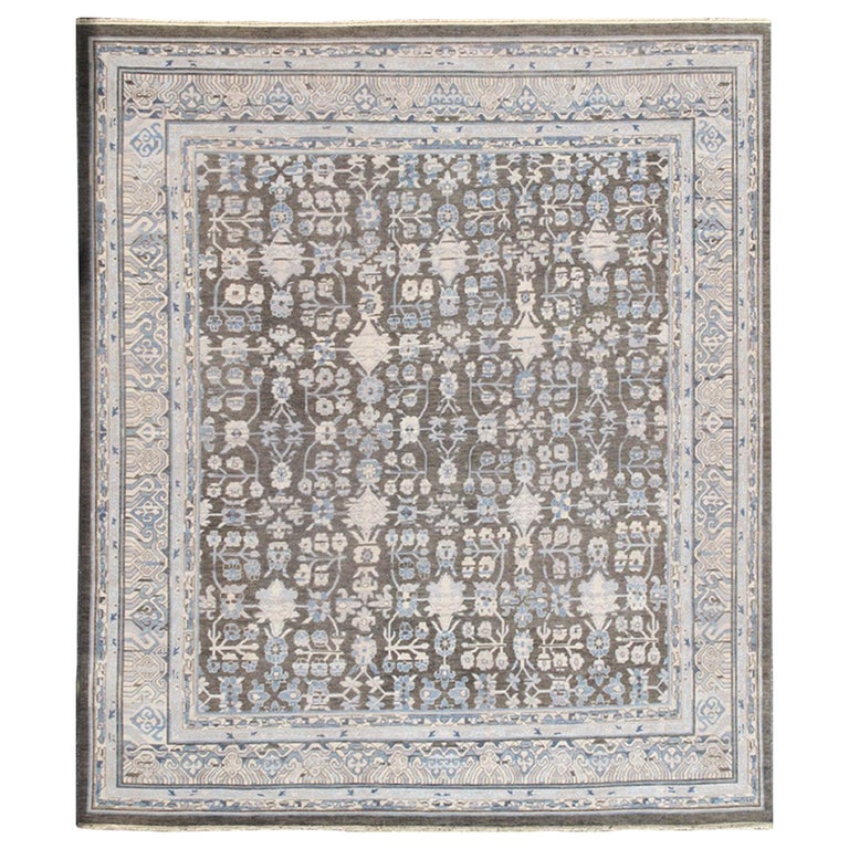 Square Modern Khotan Design in Grays, Silver, Charcoal, and Light Blue