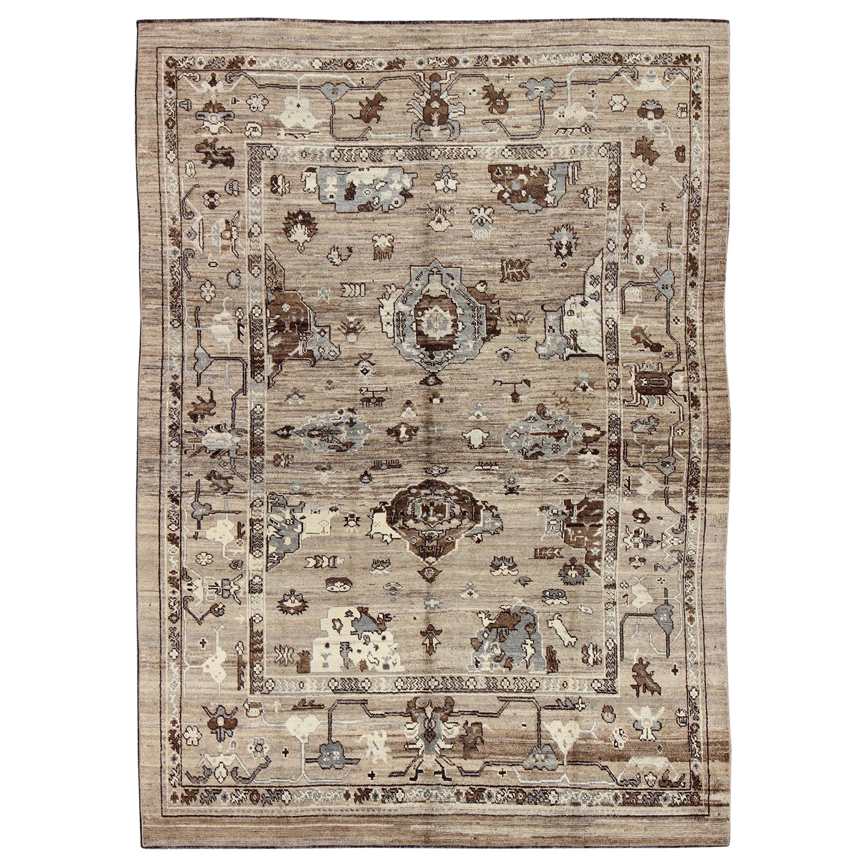 Turkish Oushak Rug in All-Over Design in Natural Wool Colors of Brown to Cream