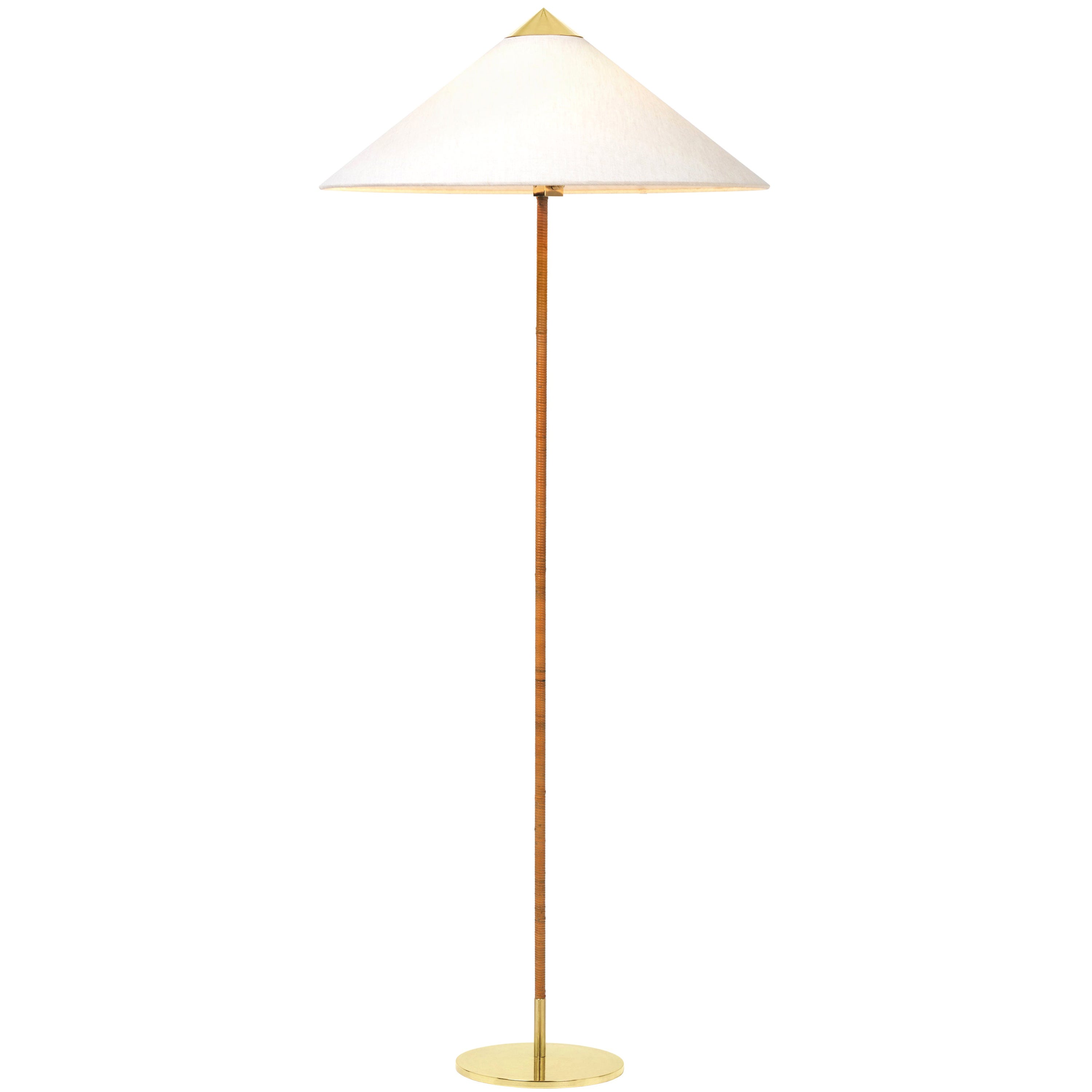Paavo Tynell Model 9602 Brass and Rattan Floor Lamp with Canvas Shade