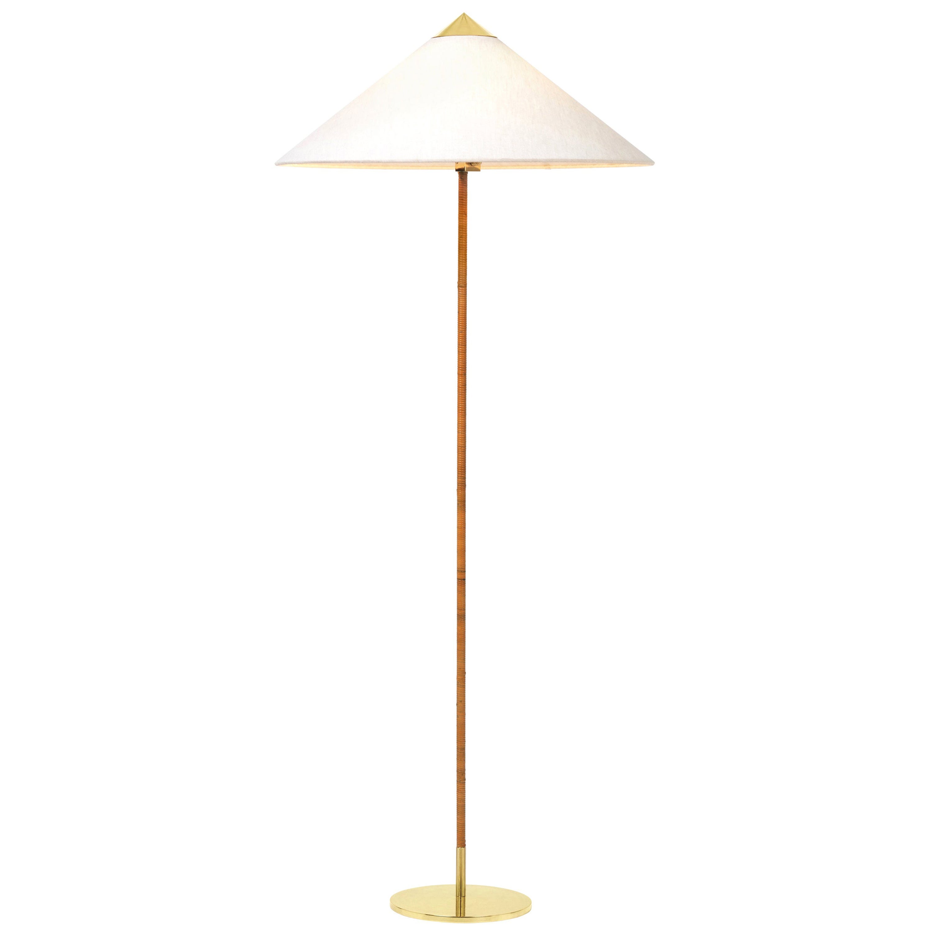 Paavo Tynell Model 9602 Brass and Rattan Floor Lamp with Canvas Shade For Sale