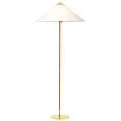 Paavo Tynell Model 9602 Brass and Rattan Floor Lamp with Canvas Shade