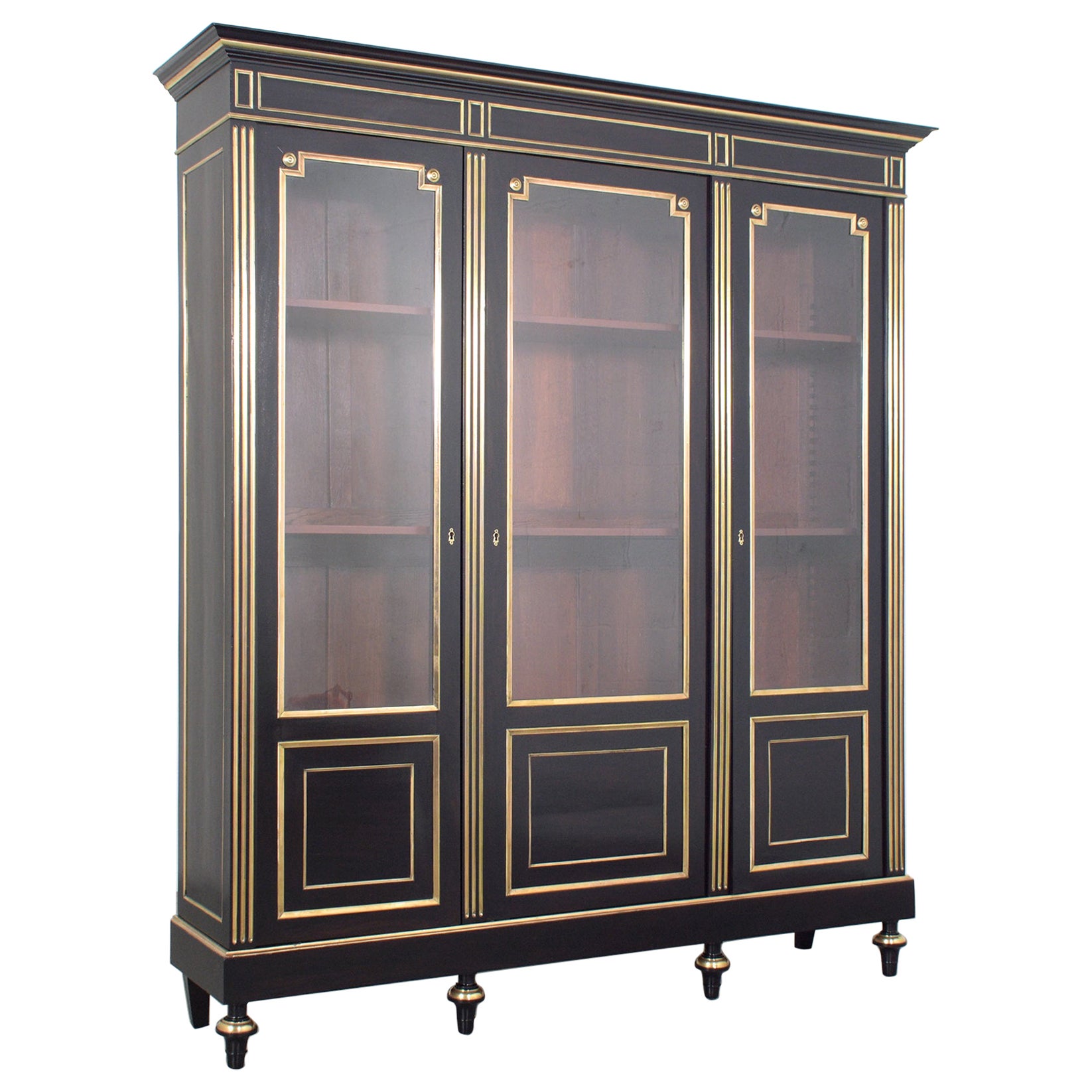 1870s Antique Louis XVI Mahogany Bookcase with Brass Moldings and Glass Doors For Sale