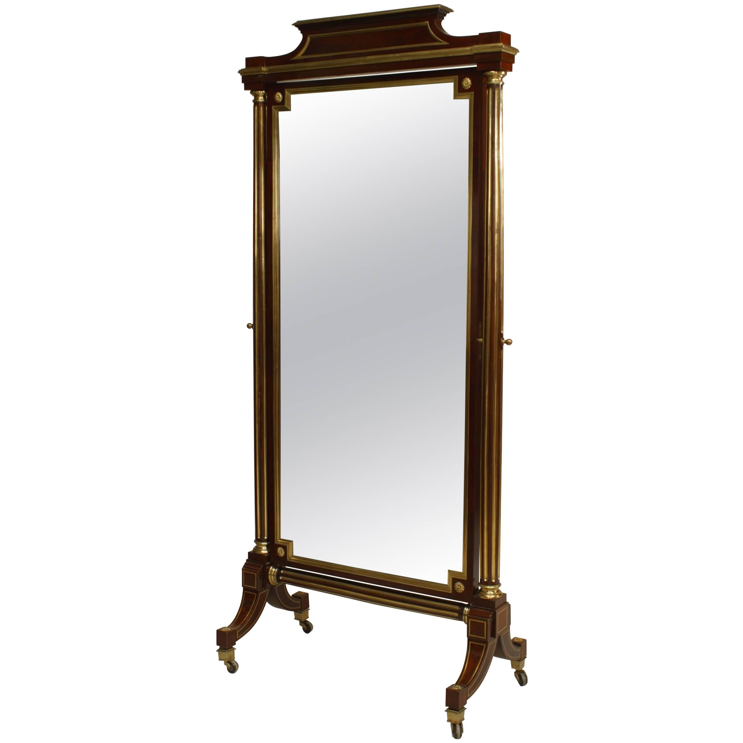 Louis XVI Style Mahogany and Brass Cheval Mirror For Sale