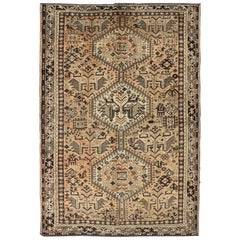 Brown Peach Vintage Persian Shiraz Rug with Vertical Sub-Geometric Medallions