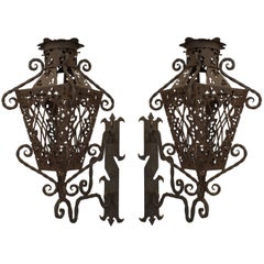 Antique Pair of Italian Renaissance Wrought Iron Exterior Wall Lanterns