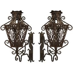 Pair of Turn of the Century Italian Renaissance Style Wrought Iron Wall Lanterns 12