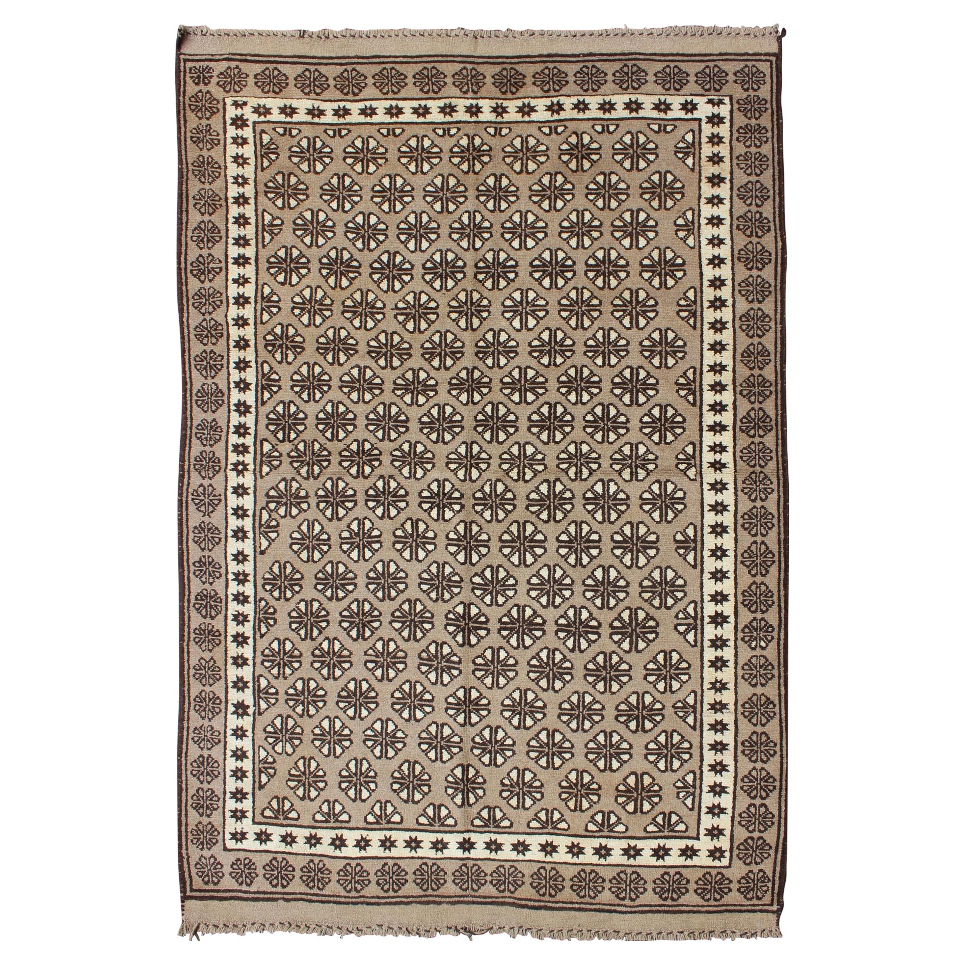 Vintage Persian Mishan Rug with All-Over Diamond Design in Gray, Brown and Cream