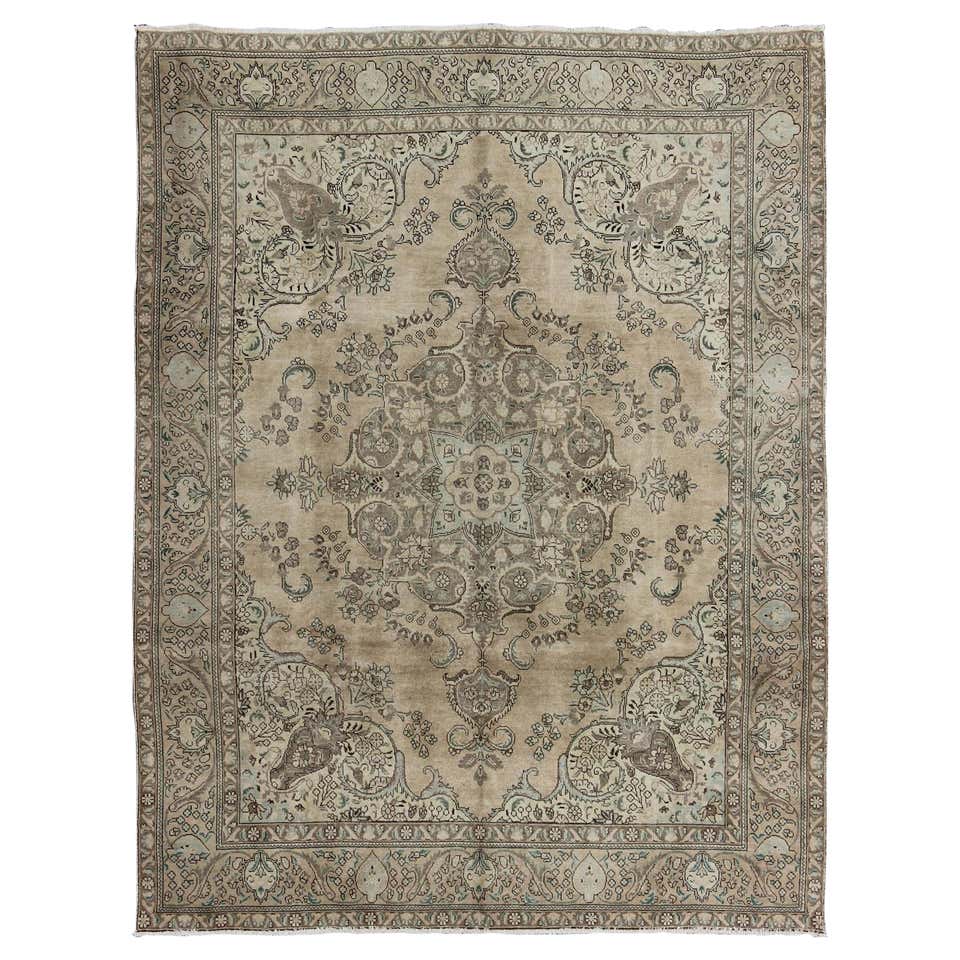 Muted Gray, Blue, and Ivory Vintage Persian Tabriz Rug with Floral ...
