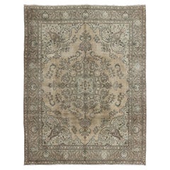 Vintage Muted Persian Tabriz Rug With Large Floral Medallion in Earthy Tones