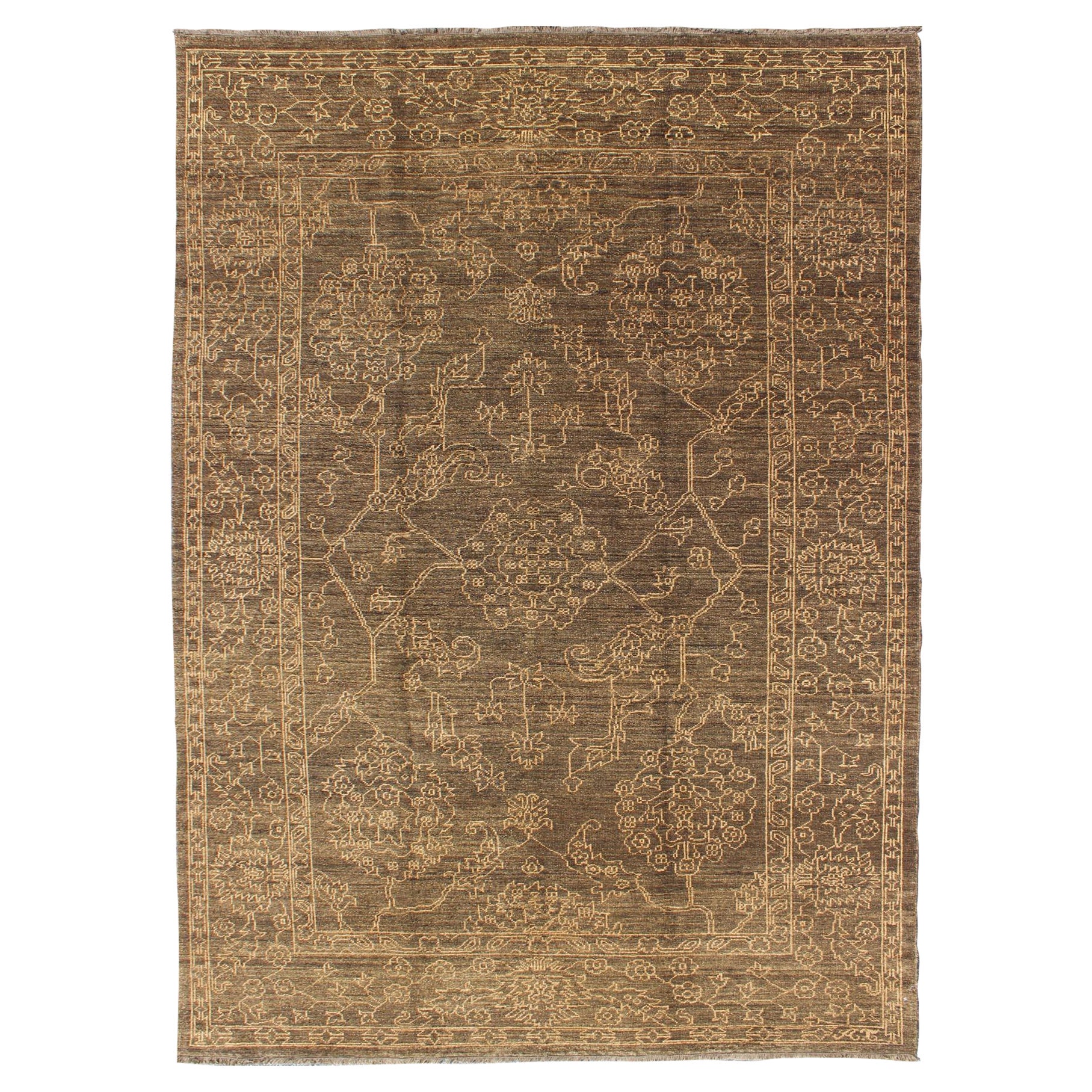 Fine Transitional Rug with Stylized Geometric Motifs in Brown and Light Tan
