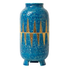 Bitossi Vase, Ceramic, Blue, Gold, Geometric, Signed