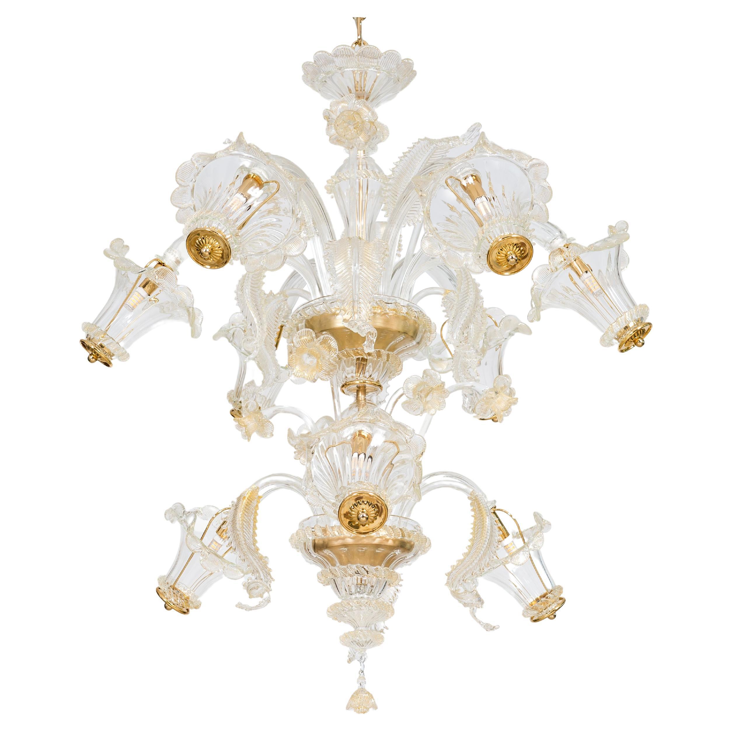 Golden Murano Glass Chandelier with 9 Lights, 21st Century, Italy For Sale