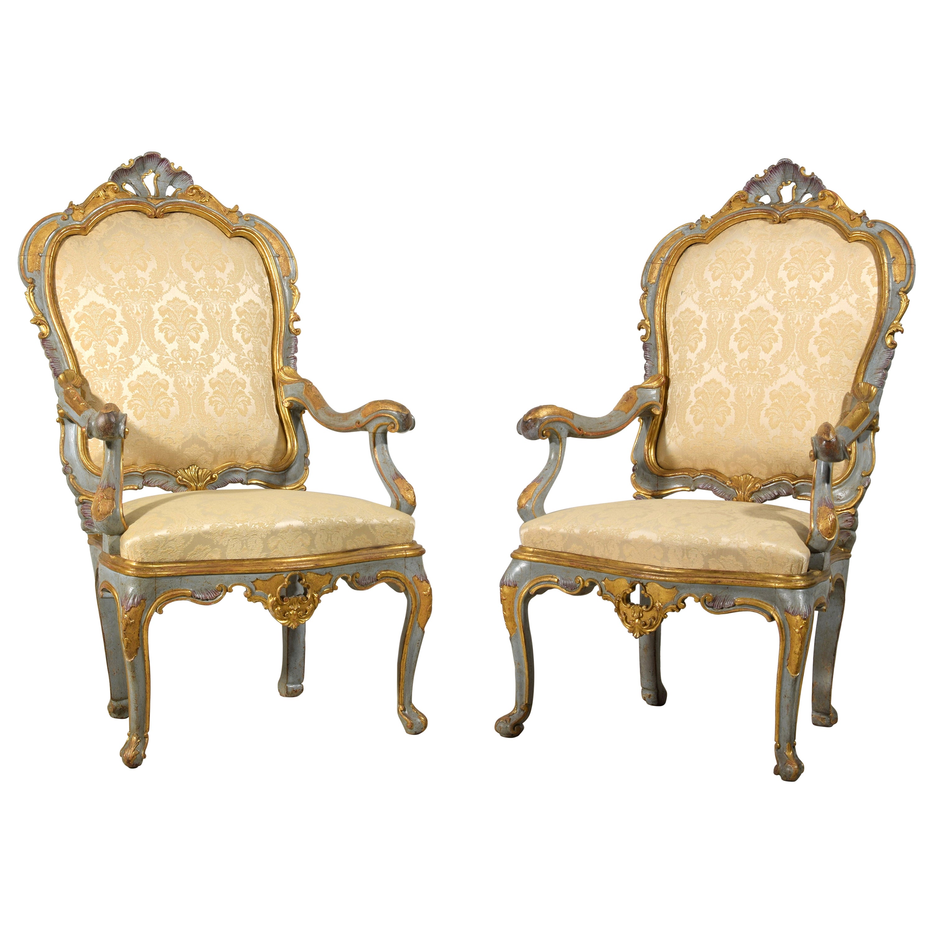 Paire de grands fauteuils vénitiens barocchetto laqués et en bois doré du 18ème siècle  en vente