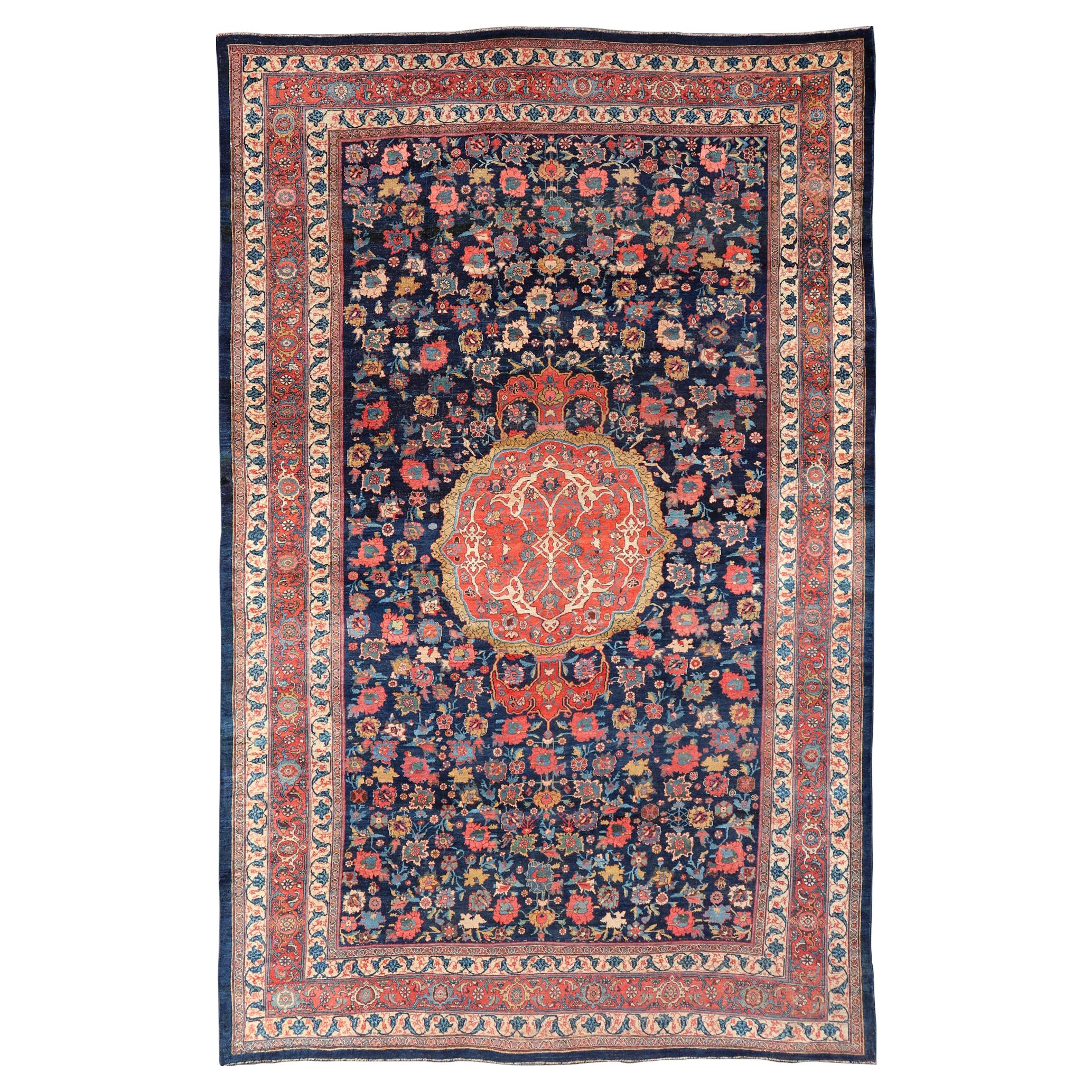 Late 19th Century Antique Persian Bidjar Rug with Central Medallion Navy Field For Sale