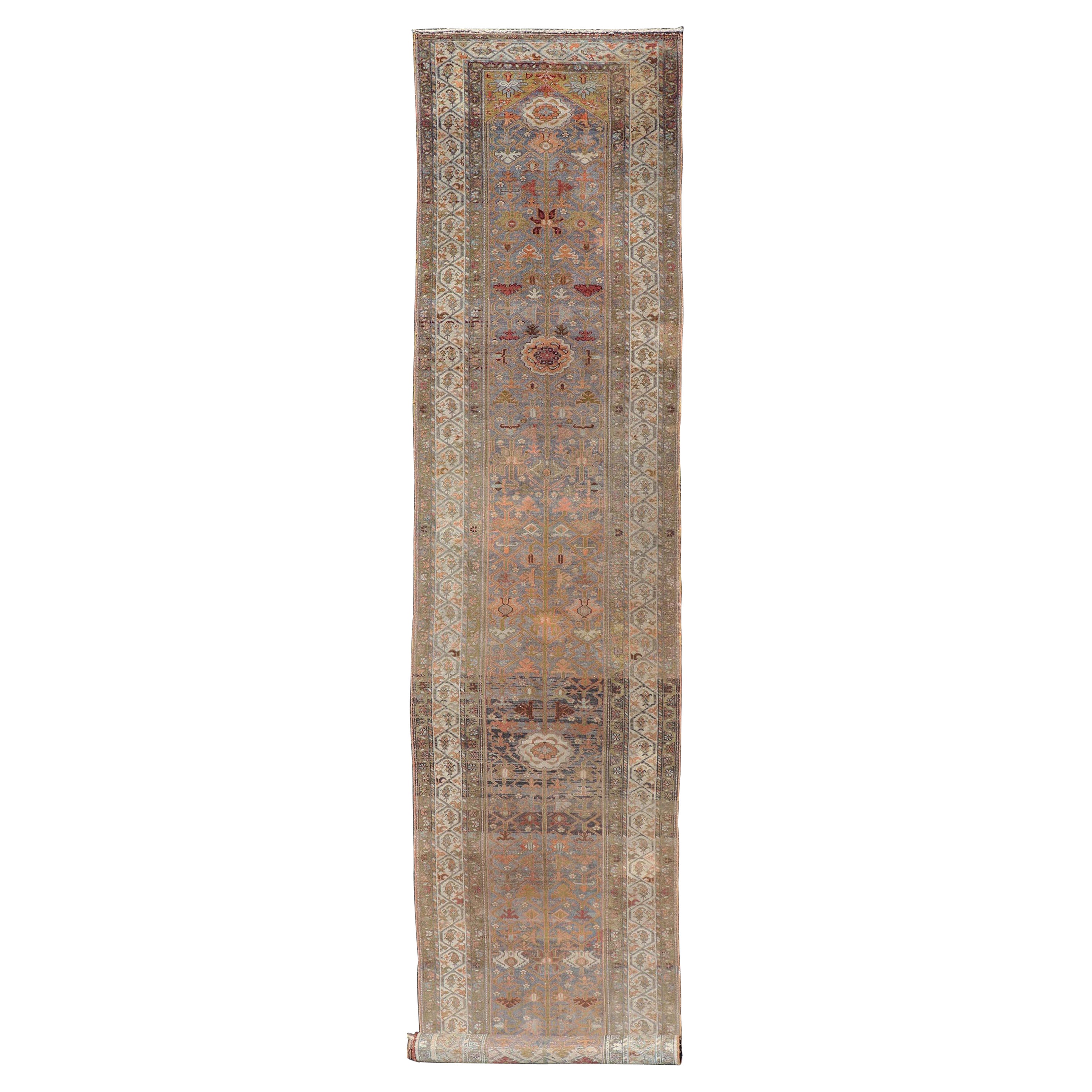 Antique Malayer Long Persian Runner in Lt. Purple, Lavender, Tan, Gray & Green For Sale